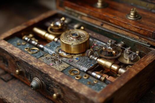 An old wooden box with a clock and other mechanical parts photo
