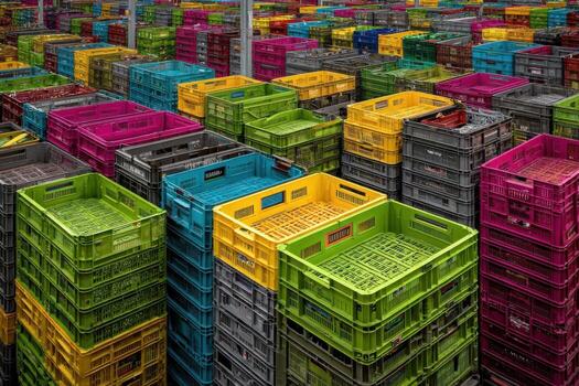 A large number of colorful crates stacked together photo