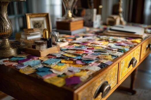 A desk covered in colorful sticky notes photo