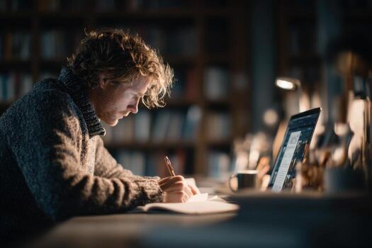 A man is working on his laptop in front of a bookcase photo