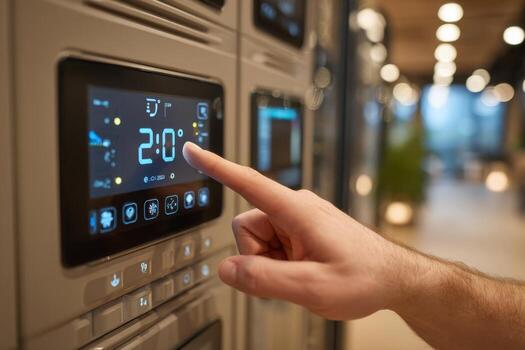 A hand pressing a button on a thermostat photo