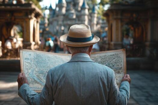 A man in a hat reading a map in front of a castle photo