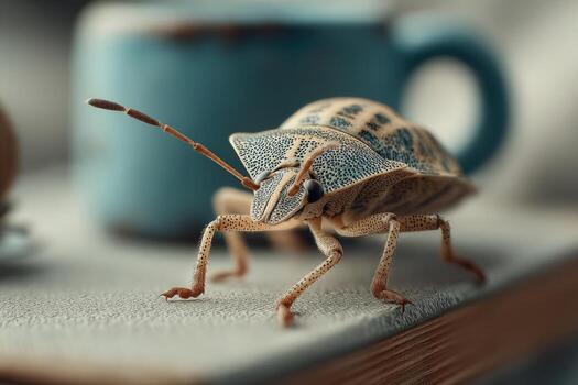 A bug on a book next to a cup photo