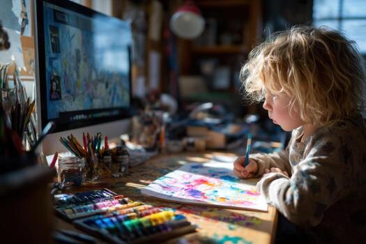 A young child is drawing on a computer screen photo