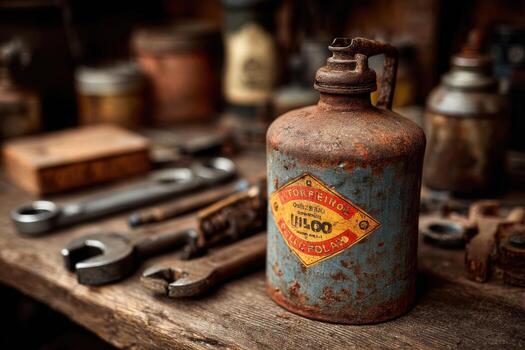 An old rusty bottle of oil sits on a table photo