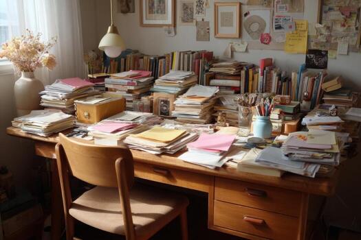 A desk with many books and papers photo