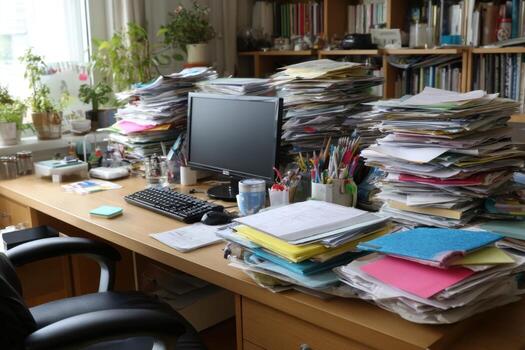 A desk with a lot of papers photo