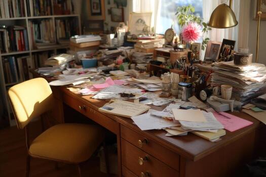 A messy desk with papers and a chair photo