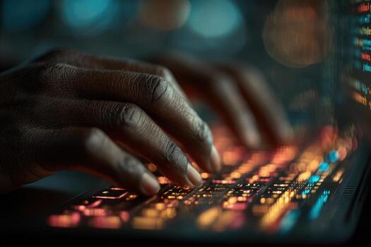 un persona mecanografía en un ordenador portátil computadora foto