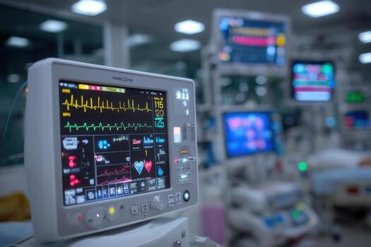 A hospital room with multiple monitors and a patient photo