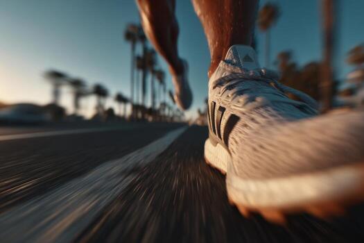 A person running on a road with their shoes in motion photo
