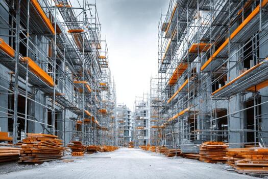 Scaffolding in an industrial area with orange and white scaffolding photo