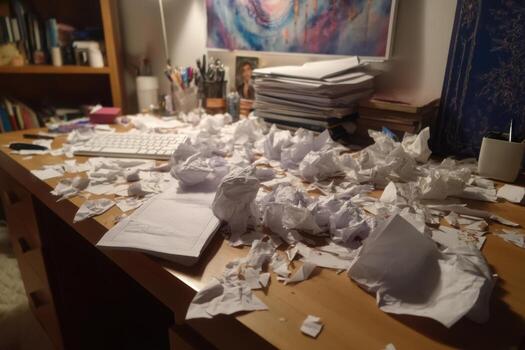 A messy desk with a pile of papers and a computer photo