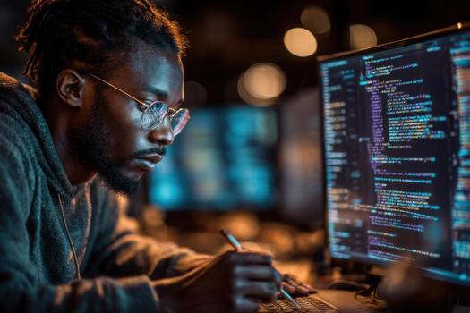 un hombre en lentes es trabajando en un computadora foto