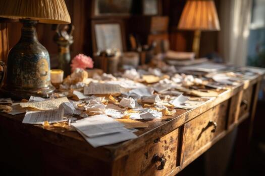 A desk with papers and other items on it photo