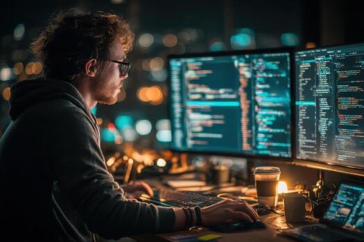 A man is working on two computer screens at night photo