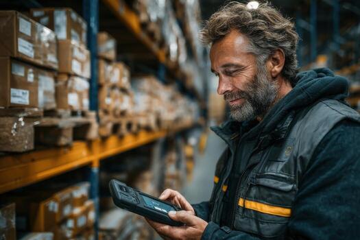 Man using tablet in warehouse photo