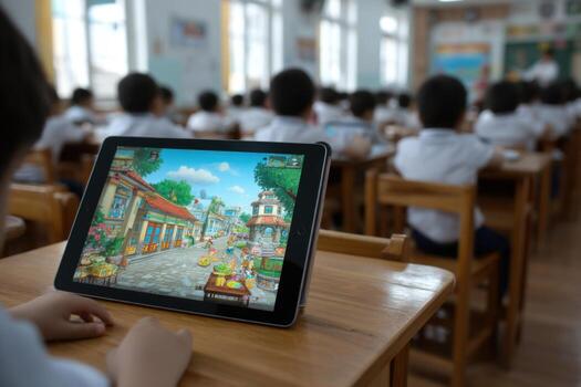 A child is playing on a tablet computer in a classroom photo
