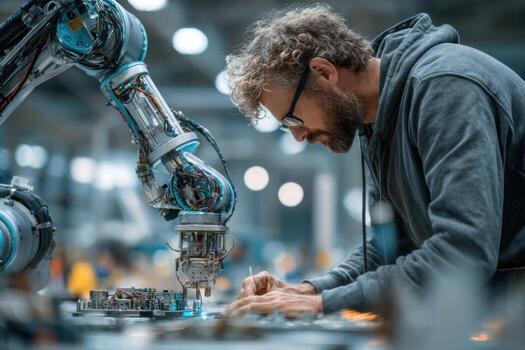 A man working on a robot in an industrial area photo