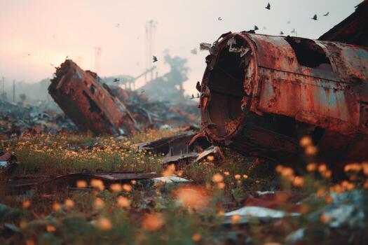 A rusted out tank in a field of flowers photo