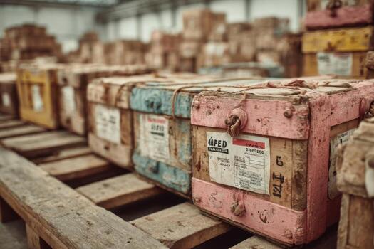 antiguo de madera cajas apilado en paletas en un almacén foto