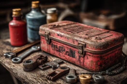 Old rusty tools on a wooden table photo