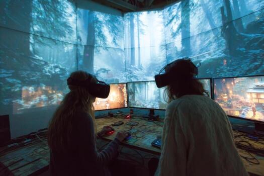 Two people in virtual reality headsets looking at a computer screen photo