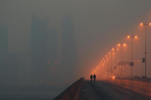 Two people walking on a bridge in the fog photo