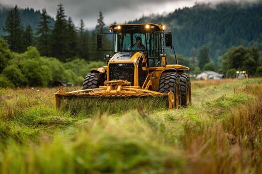 A tractor is driving through a field photo