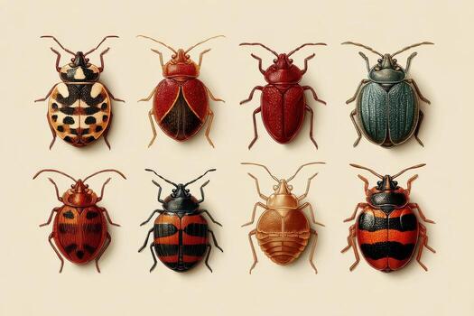 A group of different beetles on a beige background photo