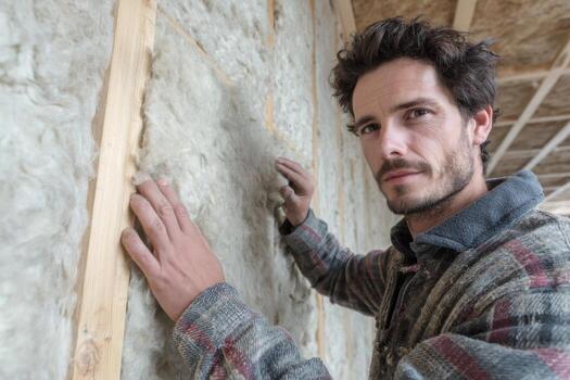 A man is standing in front of a wall with insulation photo