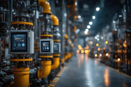 Pipes and valves in a factory with lights photo