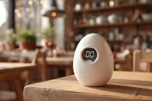 A white egg timer sitting on a table photo