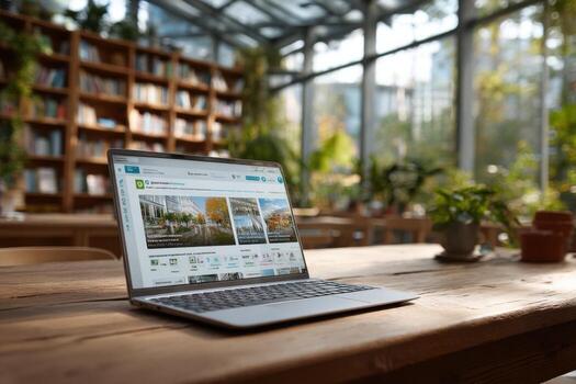 A laptop is sitting on a wooden table in a library photo