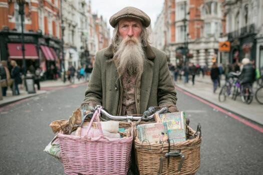 An old man with a long beard and a basket of books photo