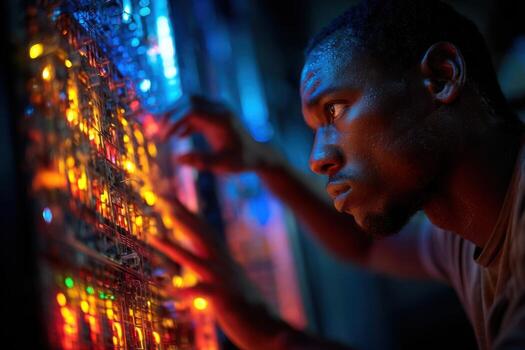 A man is looking at a computer screen with colorful lights photo