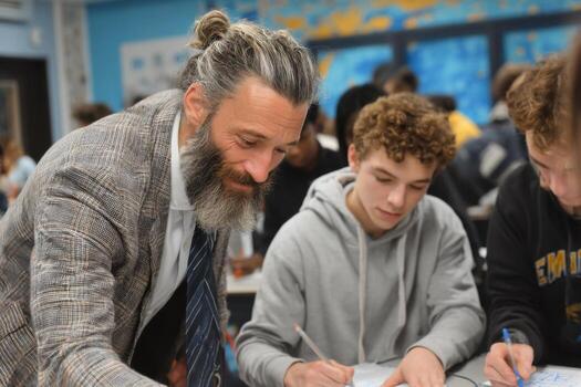 A man with a beard and a tie is helping students with their homework photo