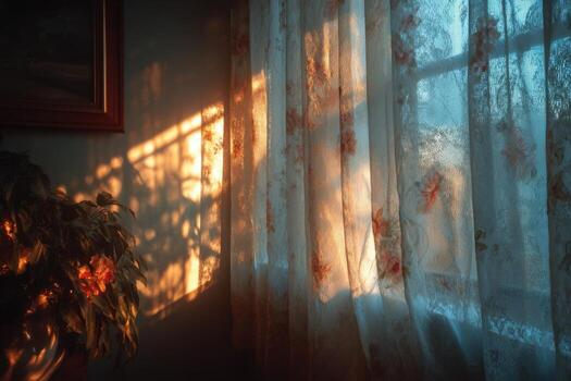 A window with curtains and a plant in front of it photo