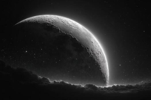 Black and white photo of the moon with clouds