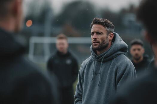 A man in a hoodie standing in front of a group of men photo