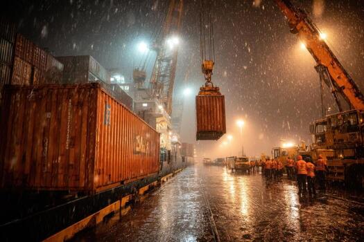 A group of workers are standing in the rain photo