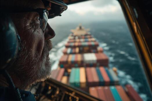 A man in a helmet looking out the window of a ship photo