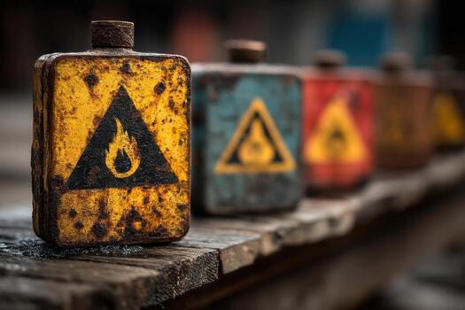 A row of old metal containers with a warning sign photo