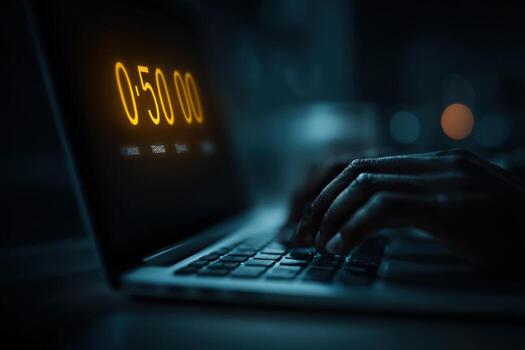 A person typing on a laptop with the time on it photo