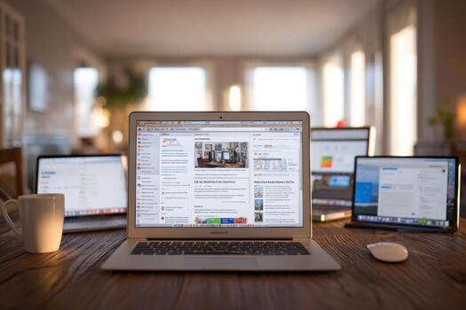 A laptop, a tablet and a phone on a table photo