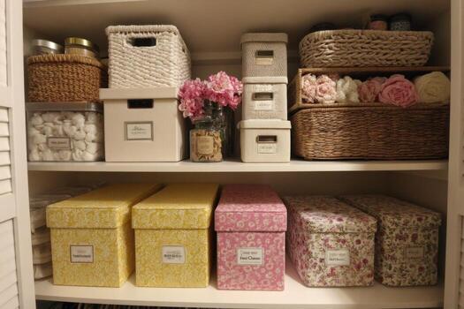 A closet with baskets and boxes of different colors photo