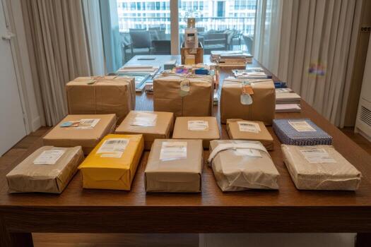 A table with many packages on it photo