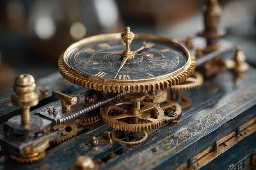 An old clock with gold gears and a clock face photo