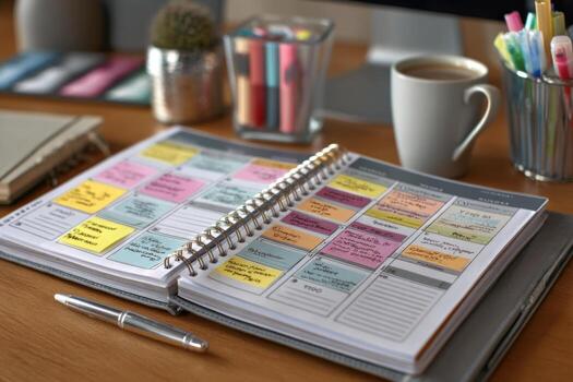 A planner on a desk with a cup of coffee and a notebook photo