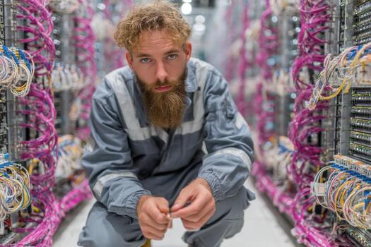 A bearded man in a lab coat crouches down in a server room photo